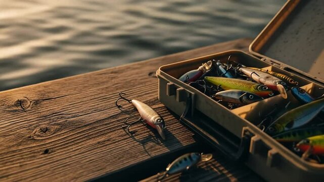 Fishing Lures in Tackle Box on Summer Dock