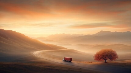 Trucking journey at dawn serene mountains digital art misty landscape wide angle adventure and freedom