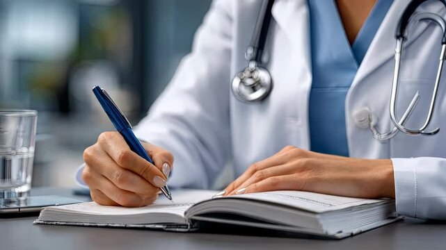 Medical professional reviews patient notes while seated at a desk in a clinical setting, showcasing attention to detail and commitment to care