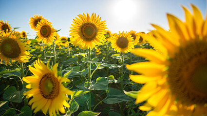 Obraz premium Vast field of sunflowers bathed in golden sunlight under a clear blue sky