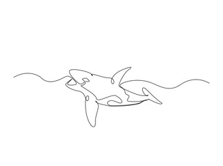 Killer whale in the ocean single outline illustration. Continuous line art drawing of orca killer whale.