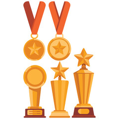 Golden award collection trophies medals vector illustration isolated on white