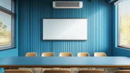 Modern small business conference room with whiteboard on blue accent wall, air conditioner above window with closed blinds, minimal office interior design.




