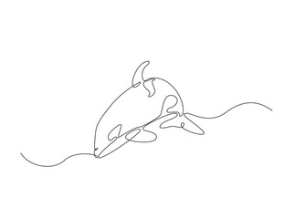 Killer whale in the ocean single outline illustration. Continuous line art drawing of orca killer whale.