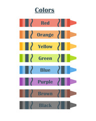 Colorful crayons set with labels. Educational illustration for kids showing basic colors: red, orange, yellow, green, blue, purple, brown, and black.