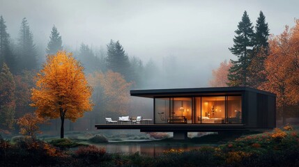 Modern home nestled among autumn trees serene lakeside architecture photography tranquil environment aesthetic viewpoint