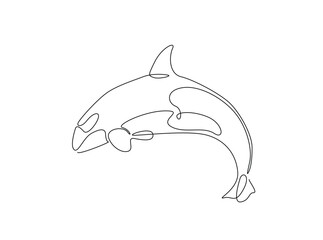 Obraz premium Killer whale in the ocean single outline illustration. Continuous line art drawing of orca killer whale.
