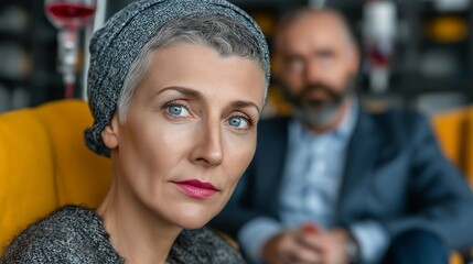 A contemplative woman with gray hair and a headscarf, seated in a cozy setting with a blurred man in the background.