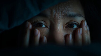 A woman with worried eyes, hands on her face, expressing anxiety in a dimly lit setting.