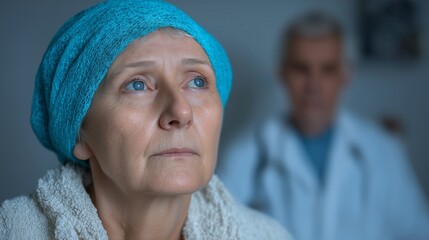 A brave cancer survivor woman wearing a headscarf sits in a medical clinic, embodying strength, resilience, and hope during her treatment and journey toward recovery
