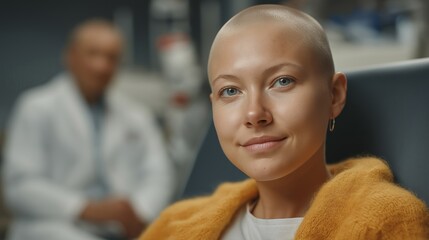Young woman with a shaved head smiling, seated in a medical environment with a doctor in the background.