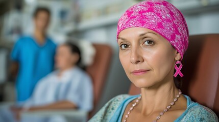 A brave cancer survivor woman wearing a headscarf sits in a medical clinic, embodying strength, resilience, and hope during her treatment and journey toward recovery