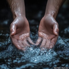 Pure, flowing water cupped in hands
