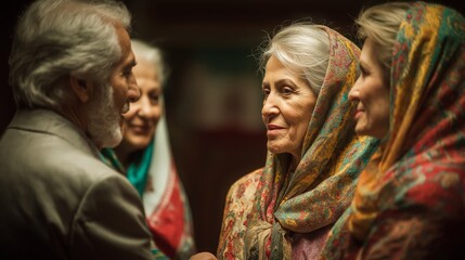 Group of elderly individuals in traditional attire, smiling and interacting warmly