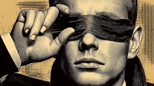 A stylized illustration of a man with a blindfold, conveying mystery and intrigue.