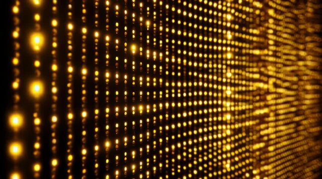 Golden disco lights background. Disco party glowing animation. Flicker wall lights. Night club, music video, LED screen and projector, glamour and fashion event, jazz, pop