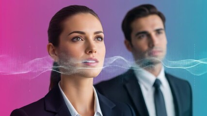 Businesswoman and Businessman with Digital Voice Visualization on Pink and Blue Gradient Background - Powered by Adobe
