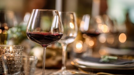 The elegant red wine glass reflecting warm candlelight on a beautifully set dining table.
