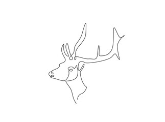 Deer head single outline illustration. Continuous line art drawing of reindeer head.