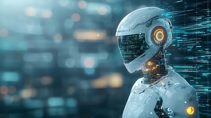 Naklejka premium Futuristic robot portrait urban environment digital art high-tech background close-up ai concept