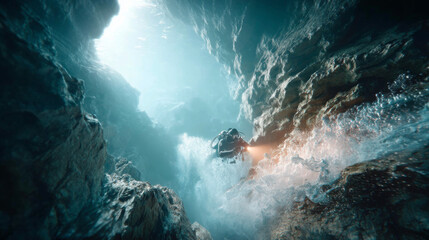 Diver Exploring Underwater Cave with Sunlight Filtering Through Water