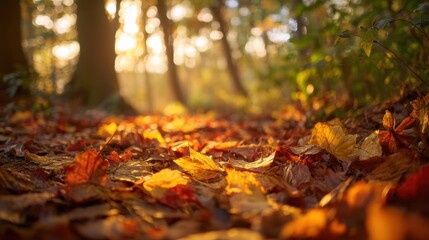 The sunlit forest path adorned with vibrant autumn leaves