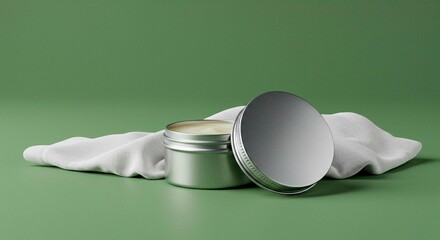 A silver container with cream and lid on a white cloth against green backdrop