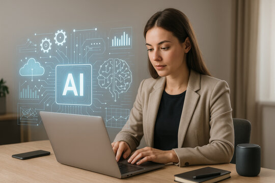 AI Collaboration at Work. Smart technology in action. Human-AI interaction for remote productivity. Digital tools enhancing everyday tasks. Modern workflow with machine learning. Innovation at work