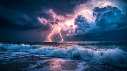 A peaceful ocean under a night sky vibrates with distant flashes of lightning on the horizon, creating a striking contrast between calm waters and the electric energy of an approaching storm