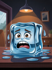 A Terrified Cartoon Ice Cube Melts on a Wooden Table in a Room with Warm Lighting