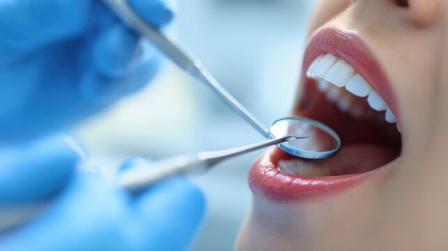 The dentist examining a patient's mouth with dental tools and care.