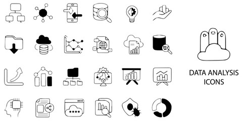 Data Analysis simple concept 24 hand drawn Black and White icons set .Vector illustration.	