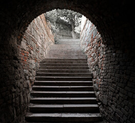 Fort in red brick tunnel landscape. Kalemegdan Fortress. Belgrade Serbia. defensive castle built...