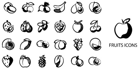 Fruits simple concept 24 hand drawn Black and White icons set .Vector illustration.	