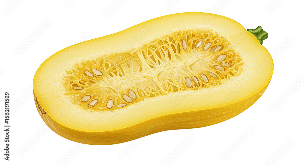 Poster halved spaghetti squash revealing stringy flesh and seeds in close up view