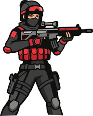 Female Tactical Shooter Soldier Mascot with Red Armor and Assault Rifle – Vector Gun Girl Illustration