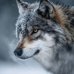 Obraz premium Close-up of a wolf’s face covered in snow, showing sharp eyes and fur texture. Captures raw wilderness and survival spirit in winter.