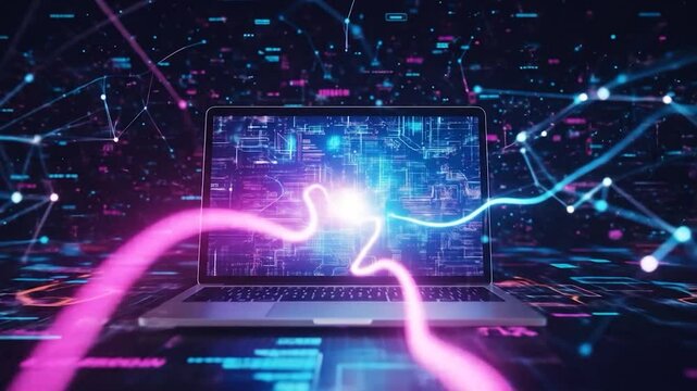 Futuristic Laptop Display Showing Data Transfer