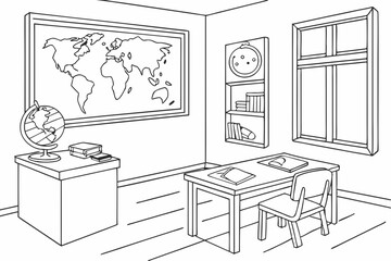 Line art coloring page of a classroom with a map of the world on the wall and a globe on the teacher's desk