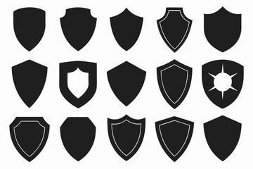 Collection of diverse shield shapes and styles silhouette isolated on white background