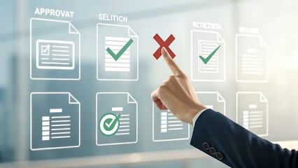  Approval and rejection interface concept with document icons and finger pressing green check mark. Ideal for digital workflow, decision making, business automation, and document.