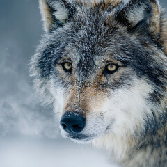 Fototapeta premium Close-up of a wolf’s face covered in snow, showing sharp eyes and fur texture. Captures raw wilderness and survival spirit in winter.