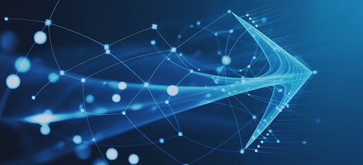 Obraz premium Abstract blue network with connected dots and lines forming an arrow shape pointing right