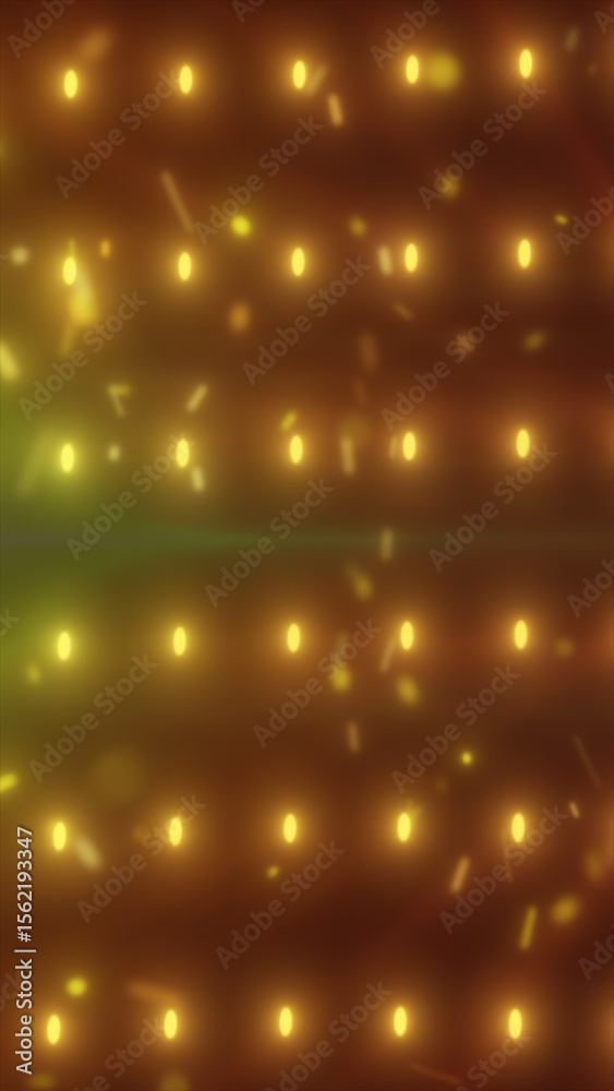 Wall mural warm glowing grid of golden lights with soft bokeh and flying particles on dark background