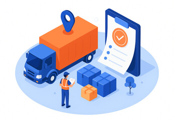 Efficient delivery service represented with a truck, packages, and a checklist, showing successful order fulfillment and logistics management.