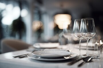 Elegant dining setup with fine tableware and crystal glasses in a modern restaurant during evening hours