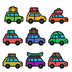 Naklejka premium Flat colorful travel car icons with rooftop luggage 