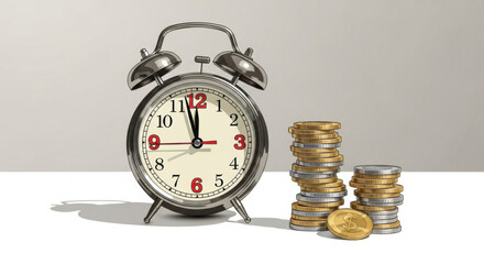 Overtime Pay - A clean desk featuring a single alarm clock with a stack of coins, designed in a vector style, illustrating an editorial piece on overtime policy.