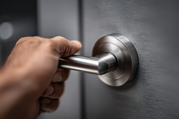 Fototapeta premium Metal door handle being turned as someone prepares to enter a room in a modern indoor setting