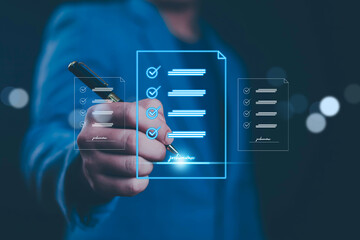 Electronic signature Businessman signs electronic document on digital document on page Electronic signature concept Writing business agreement Digital document management Paperless office	
